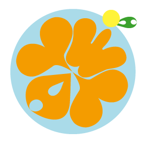 A digital illustration of a stylized orange flower with four large petals on a light blue circular background. The petals are outlined in white and one of the petals has a water droplet design. To the upper right, there's a small yellow circle representing the sun, with a single green leaf attached by a thin line, giving the impression of a simplistic sunflower in a logo form. The background of the image is a checkered pattern, typically indicative of a transparent background in graphics software.