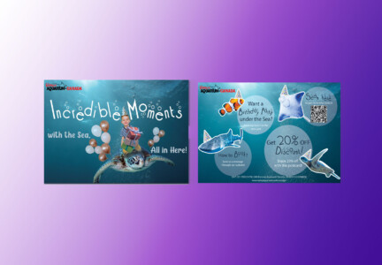 Two promotional postcards for 'Aquarium Canada' are floating against a gradient purple background. The left postcard features the same joyful child riding a sea turtle as seen in a previous image, with the text 'Incredible Moments with the Sea, All in Here!' The right postcard has a different layout with a starfish and a QR code, and offers a '20% OFF Discount' for a birthday party booking with the text 'Want a Birthday Party under the Sea? How to Book? Send us a message through our website!' and 'Enjoy 20% off with this postcard!' The design is colorful and intended to attract attention to the aquarium's offerings and promotions.