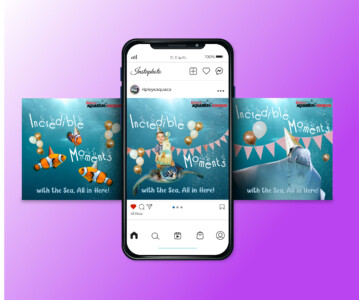 A composite image featuring a smartphone in the center displaying a social media profile named 'ripleysaquaca' with an image post. The post shows a child riding a sea turtle, similar to the 'Aquarium Canada' promotional postcards to the left and right of the phone. The left postcard includes a clownfish, while the right one features a smiling dolphin with party bunting, both with the same 'Incredible Moments with the Sea, All in Here!' slogan. The smartphone and postcards are set against a gradient purple background. The phone's screen shows the time as '11:11 a.m.' and the battery as '100%', with the post receiving '45 likes' indicating engagement with the content.